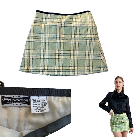 Y2K 2000'S MICRO MINI  SKIRT TERRY CLOTH GREEN PLAID SKIRT SZ. US 3 - Picture 4 of 4